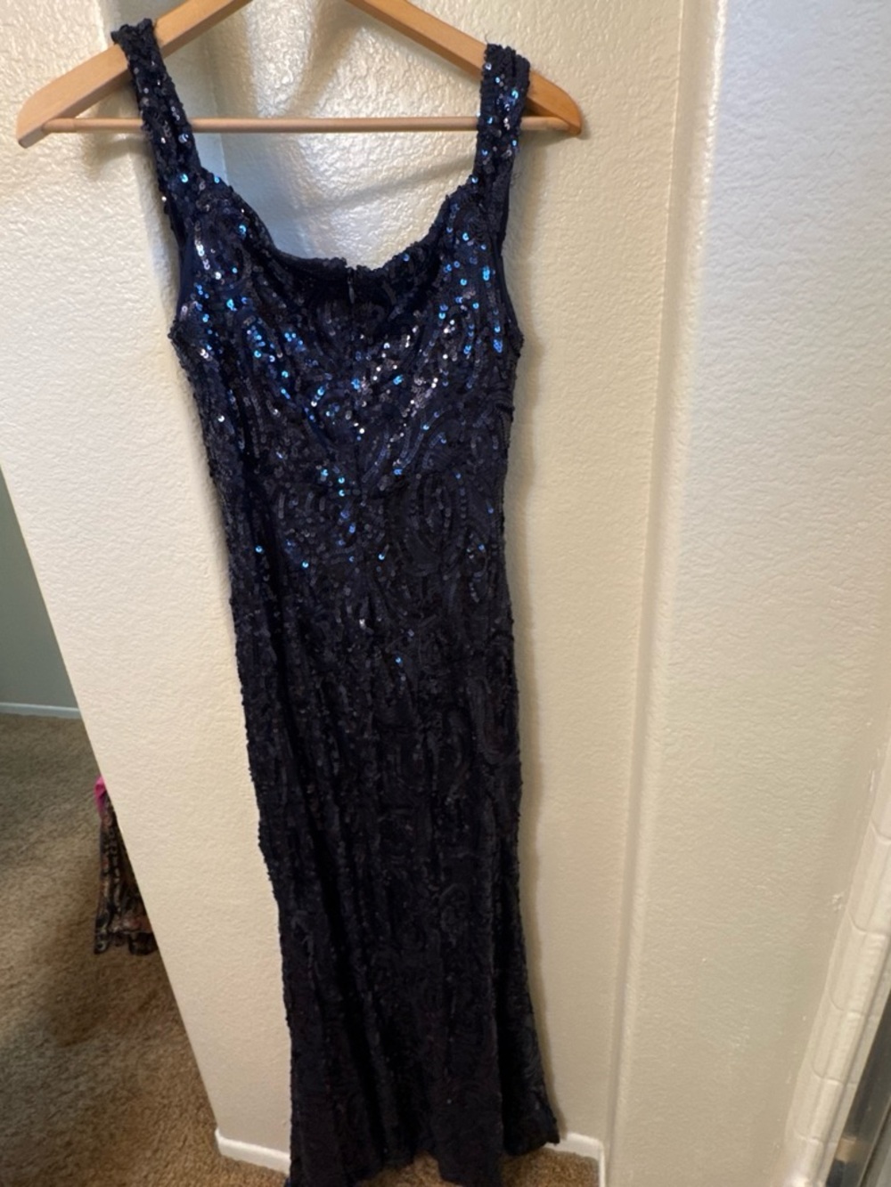 Sleeveless Navy Sequin Evening Dress